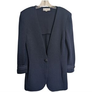 St John's Knit Long Blazer Cardigan Navy Blue One Button Wool Blend